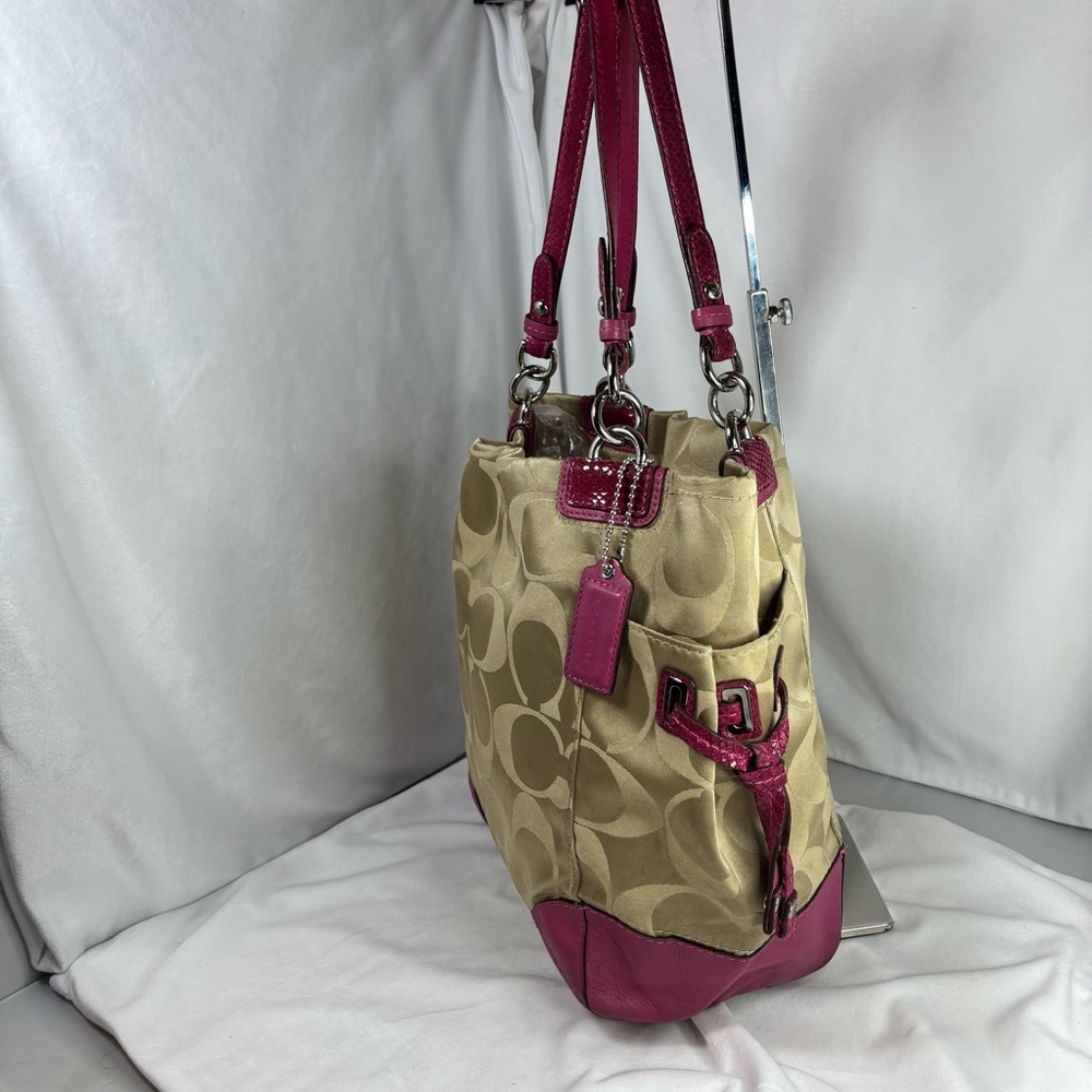 COACH Peyton Signature Khaki/ Fushia Sateen Signature Tote Bag - Picture 5 of 14